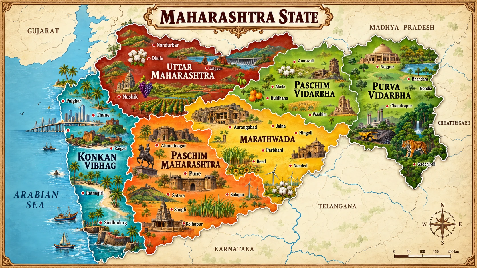 Maharashtra map divided into Konkan Vibhag, Uttar Maharashtra, Paschim Maharashtra, Marathwada, Paschim Vidarbha and Purva Vidarbha